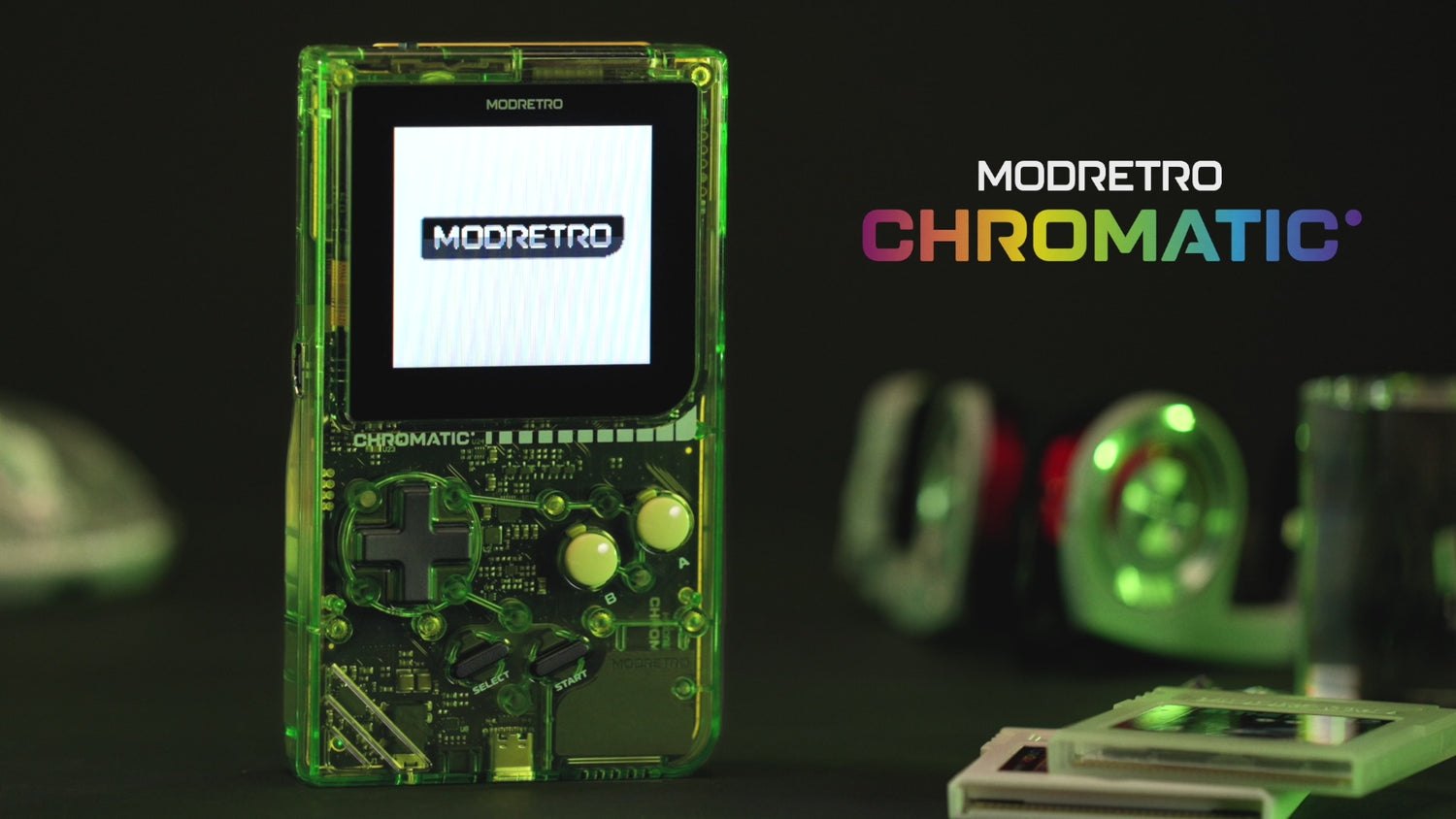 Green Chromatic Transparent glowing next to the ModRetro Chromatic logo