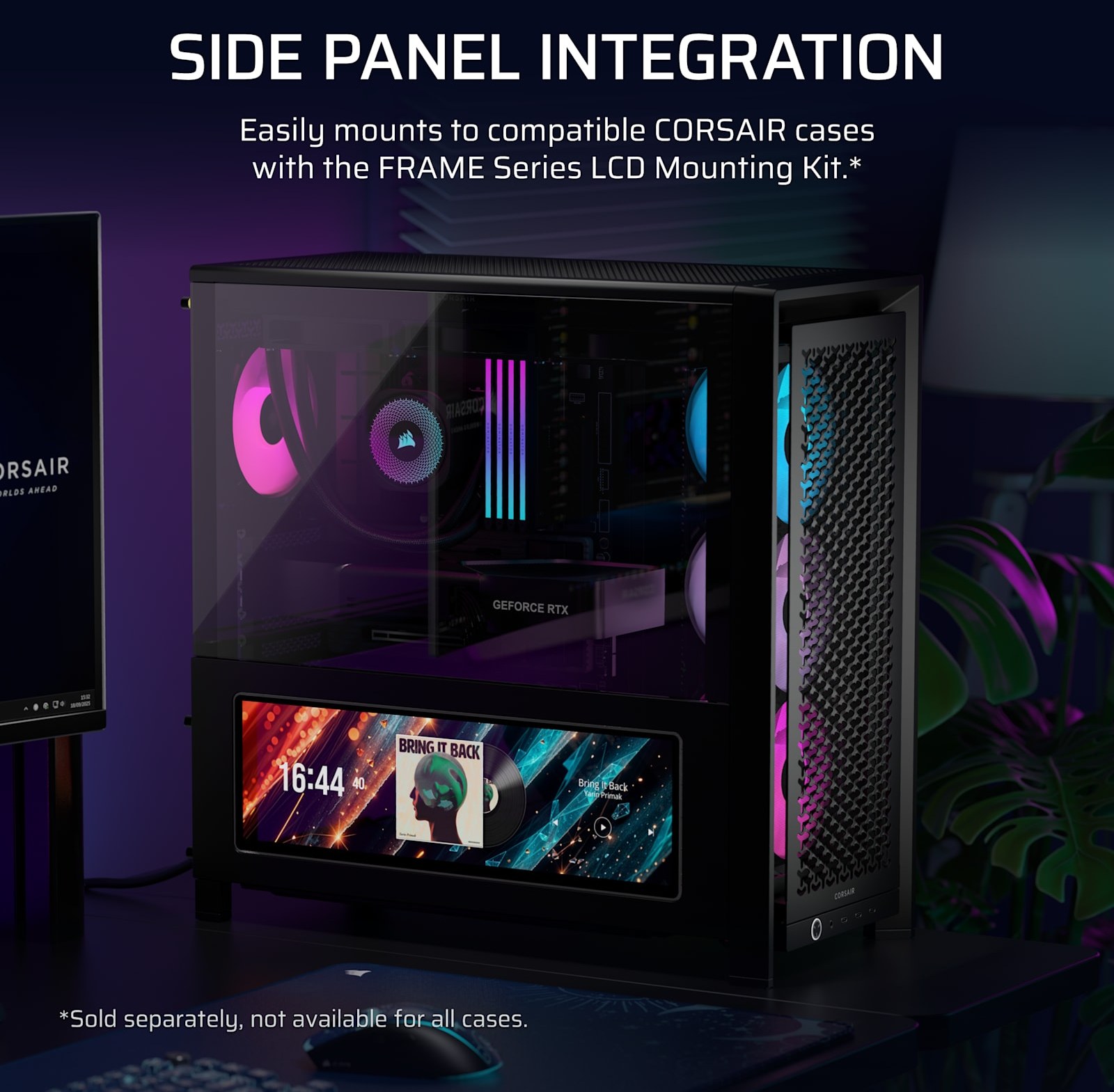 XENEON EDGE mounted on the glass side panel of a CORSAIR FRAME case