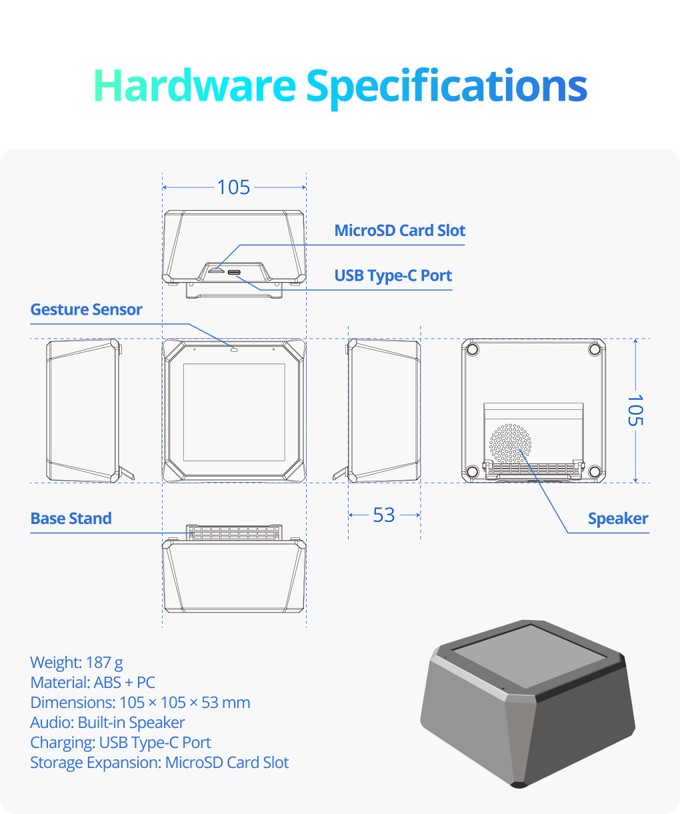 Holoneo hardware specifications diagram with 105 mm dimensions, gesture sensor, USB-C, and microSD slot