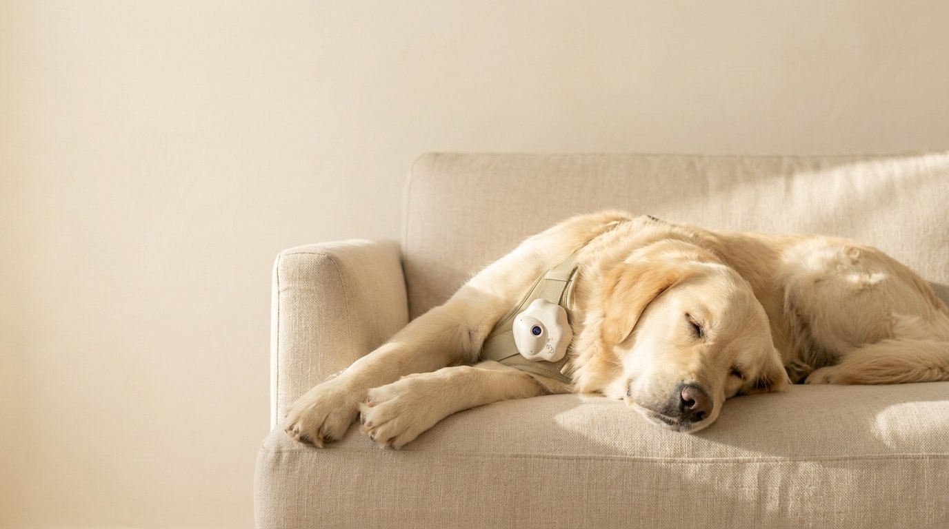 Golden retriever napping on a couch wearing an Ouren M1