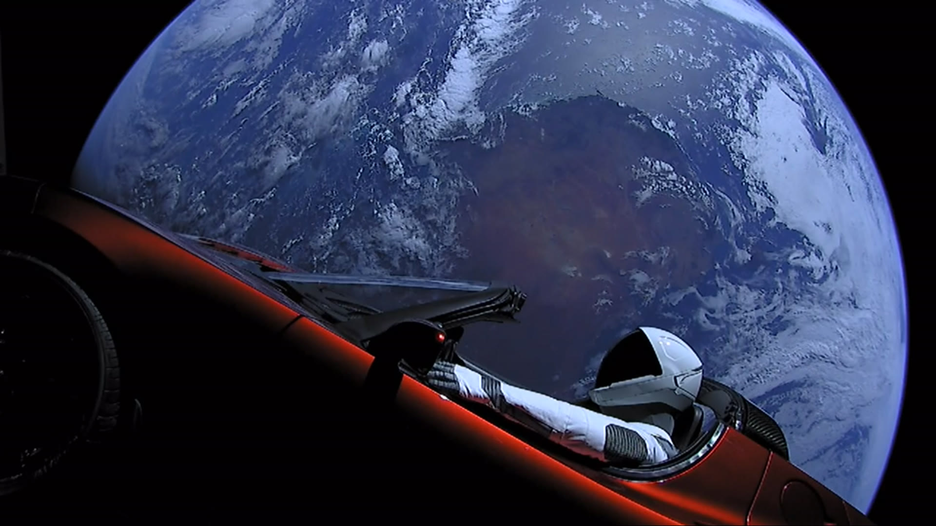 The original Tesla Roadster with Starman in space from the 2018 Falcon Heavy launch