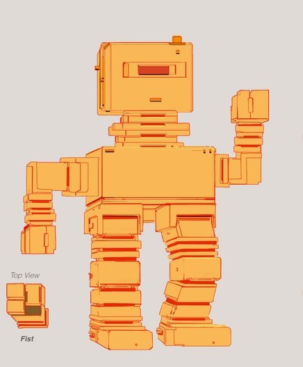 Tuesday Labs character design sketch of the blocky orange Voxel robot waving