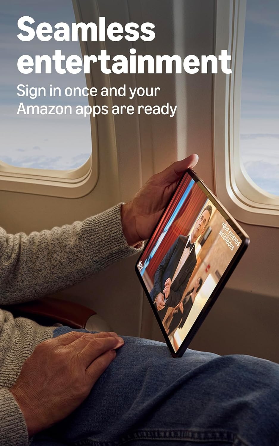 Passenger watching a movie on the Alexa Tablet 12 Pro on a plane