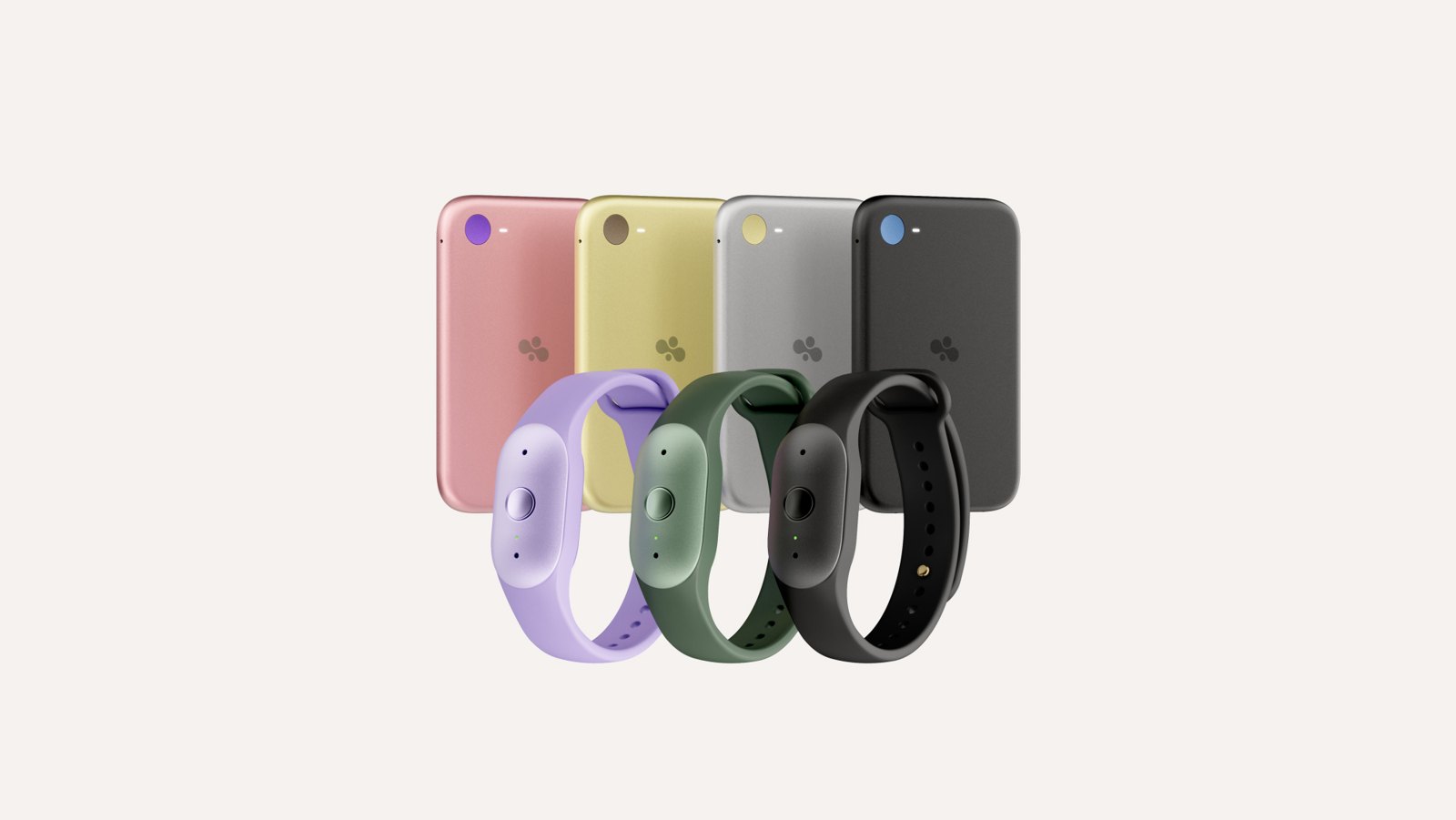 Bee Frontier wristbands in three colors in front of Bee Eclipse phone attachments