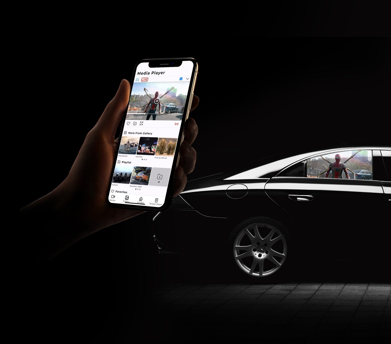 Phone controlling a Pranos HoloGlass display on a sedan rear window at night