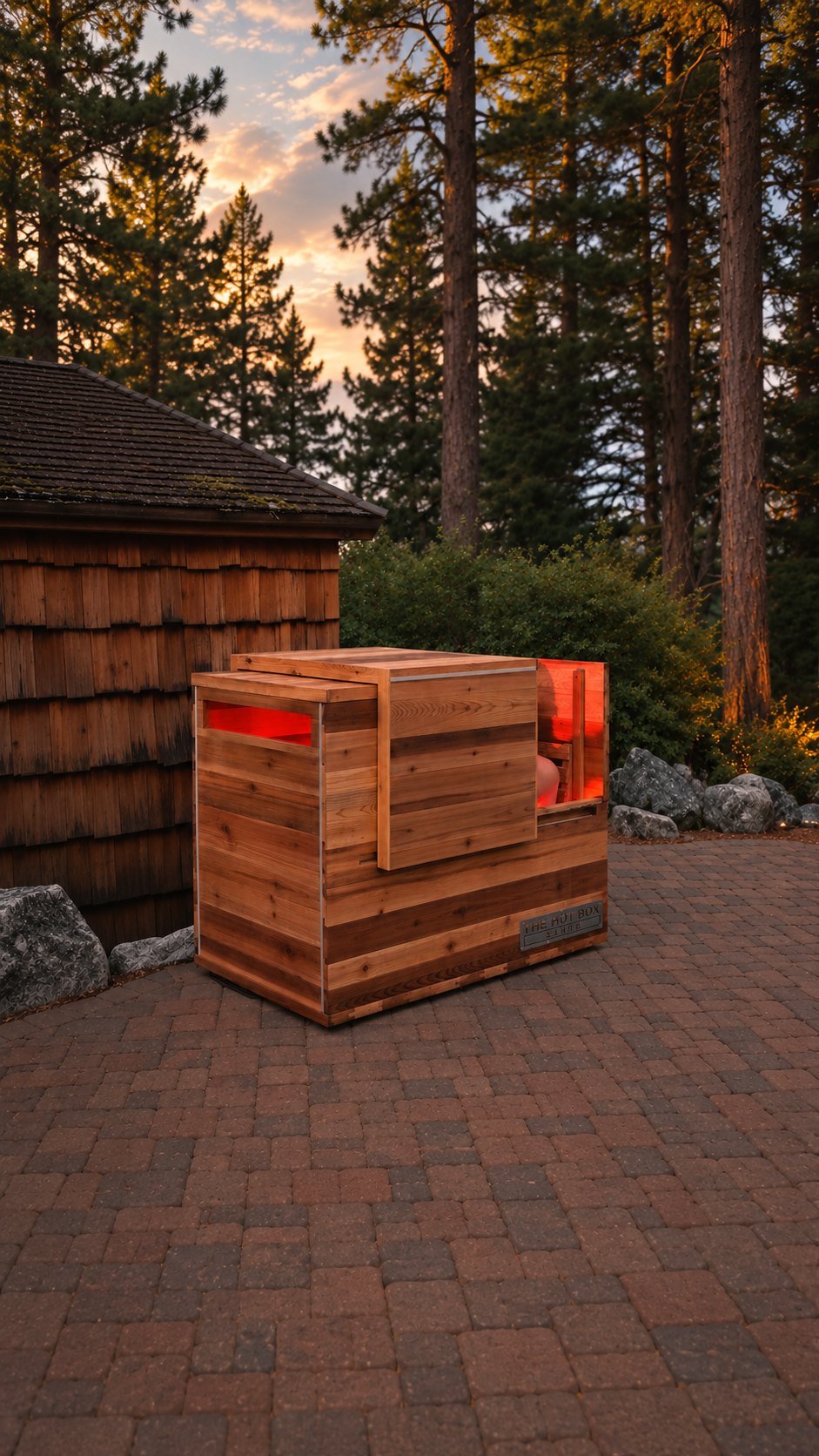 The Hot Box Sauna glowing red on a brick patio among pine trees at dusk