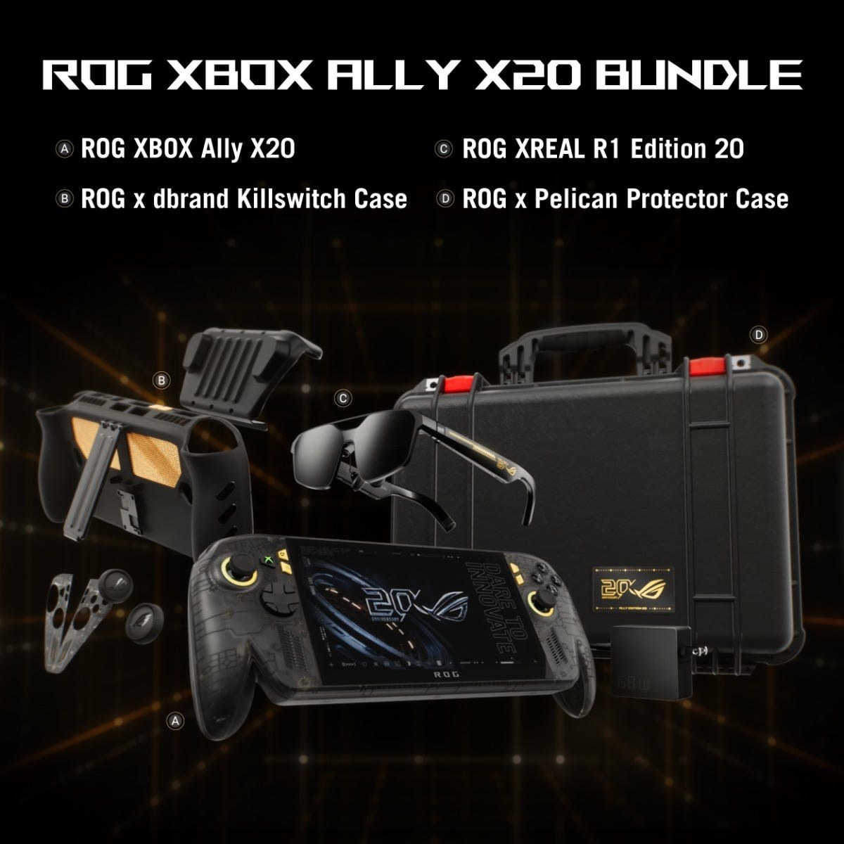 ROG Xbox Ally X20 bundle with XREAL R1 glasses, dbrand Killswitch and Pelican case