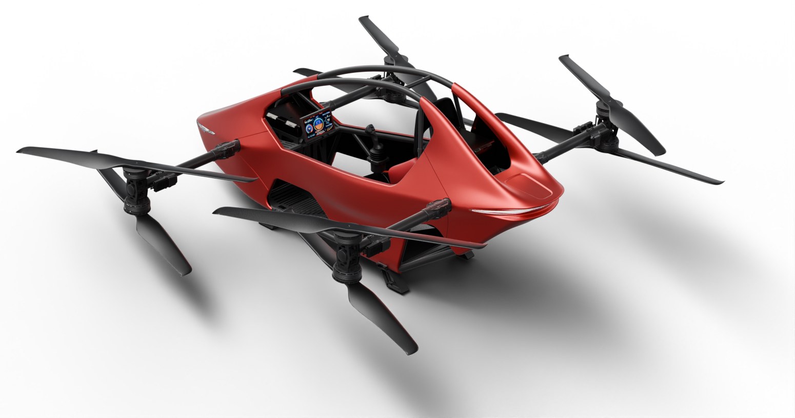 Overhead render of a red YIVTOL S-Zero showing the open cockpit and eight rotor arms