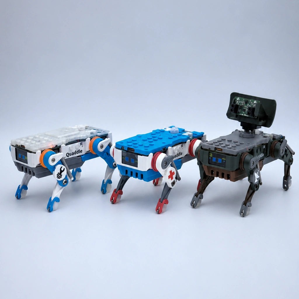 Petoi Quaddle Builder Buddy and Scout models side by side