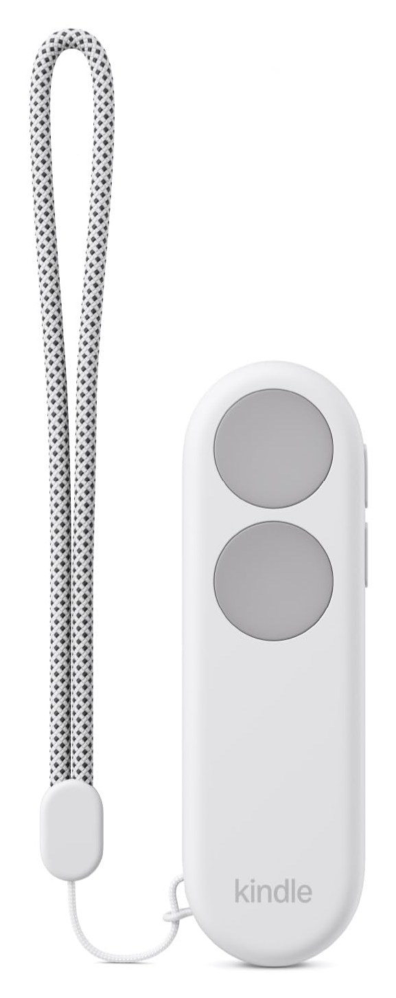 Amazon Kindle Click Bluetooth page-turn remote in white with its woven wrist lanyard